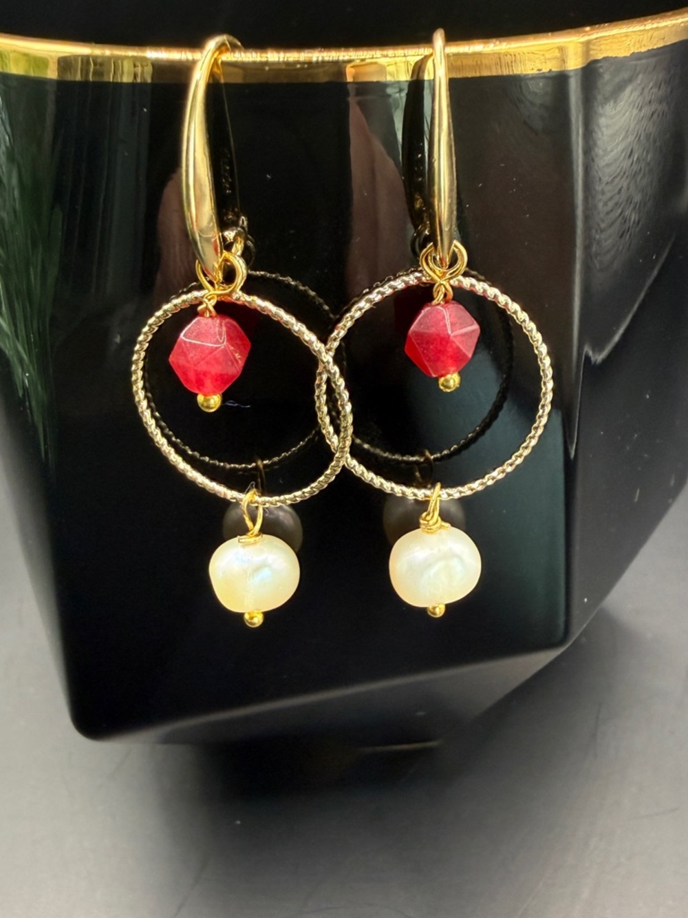 Gold Hoop Earrings with Red ruby & Pearl Drops